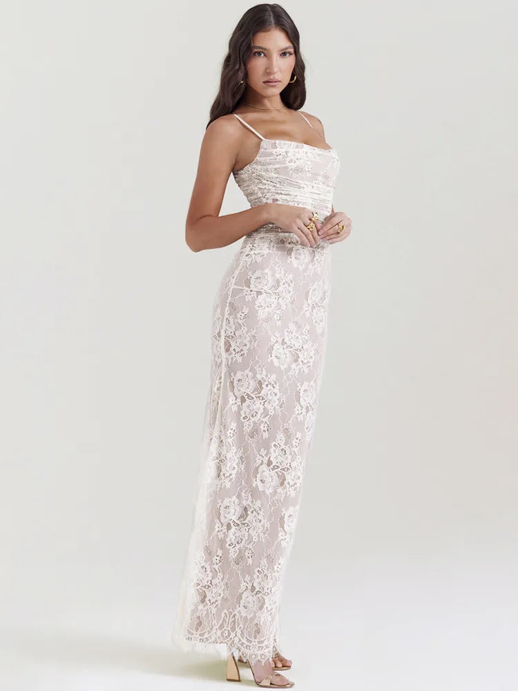 Lace Print Maxi Dress Set Spaghetti Strap Long Sleeve Bodycon Club Party Long Dress