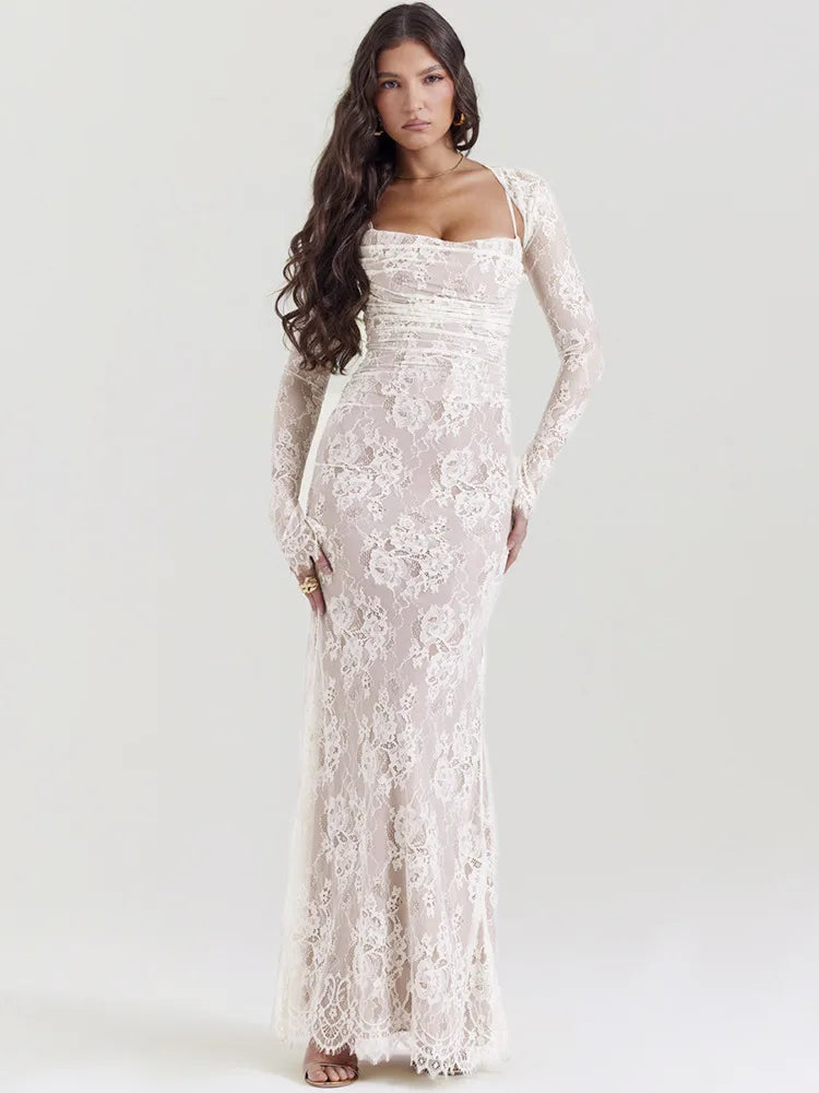 Lace Print Maxi Dress Set Spaghetti Strap Long Sleeve Bodycon Club Party Long Dress