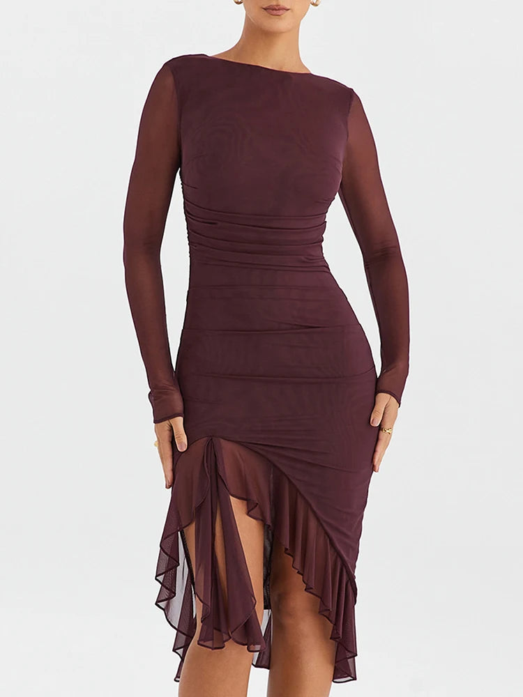 Ruffle Ruched Midi Dress for Robe Sheer Long Sleeve Backless Irregular Club Party Dress Vestido