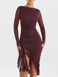 Ruffle Ruched Midi Dress for Robe Sheer Long Sleeve Backless Irregular Club Party Dress Vestido