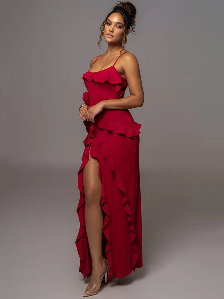 Ruffle Maxi Dress Spaghetti Strap Flower Sleeveless Backless High Split Club Party Evening Dress