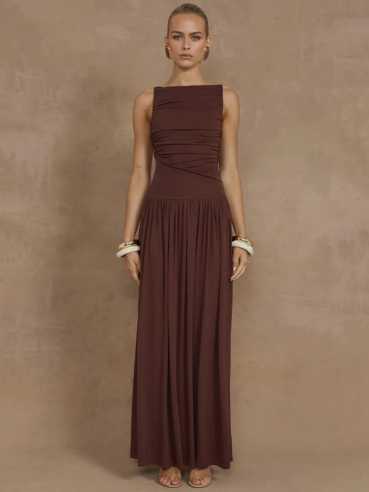 Sleeveless Maxi Dress for Boat Neck Tank Dresses Ruched Long Dress New Gown