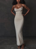 Spaghetti Strap Backless Maxi Dress for Two Layer Mesh Sleeveless Bodycon Club Party Dress