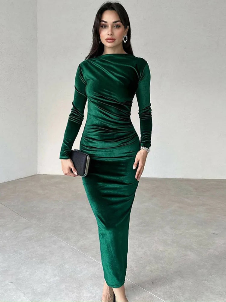 Velvet Long Sleeve Maxi Dress for Autumn Winter New O Neck Bodycon Club Party Long Dress