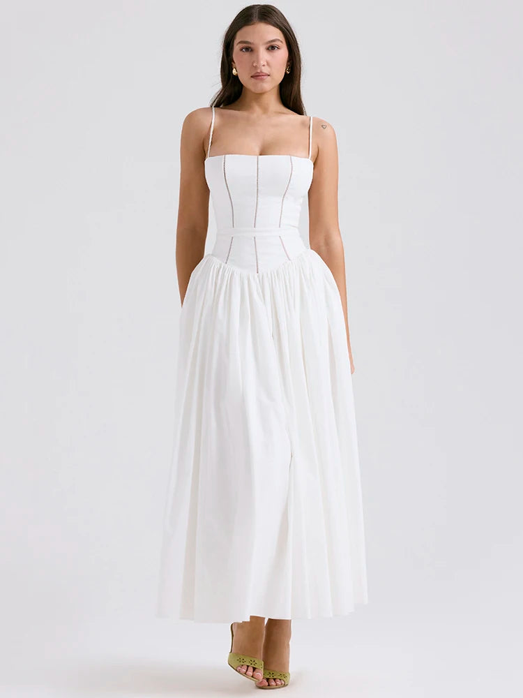 White Sundress Spaghetti Strap Backless Midi Dress for Sleeveless A-line Loose Long Dress New