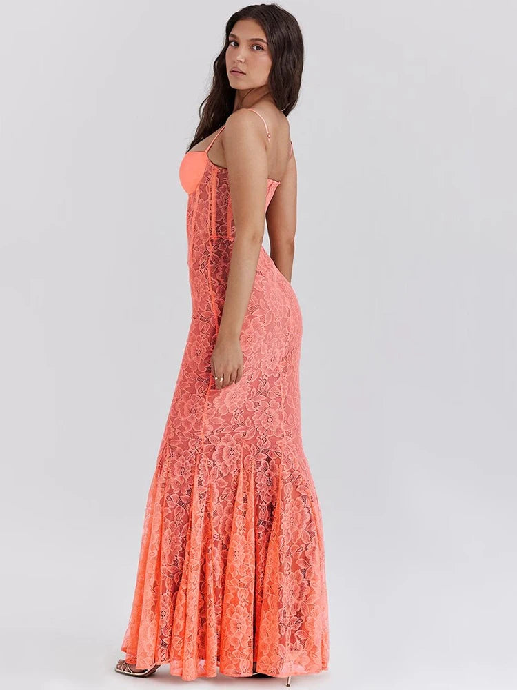 Lace Maxi Dress for Orange Spaghetti Strap Sleeveless Backless Bodycon Club Party Long Dress