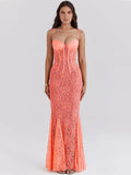 Lace Maxi Dress for Orange Spaghetti Strap Sleeveless Backless Bodycon Club Party Long Dress