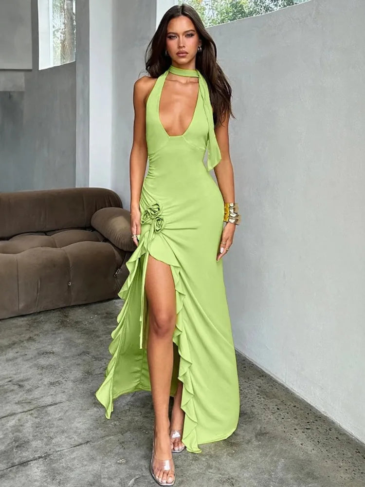 Flower Draped Split Long Dress for Halter Deep V Neck Sleeveless Backless Bodycon Club Party Long Dress