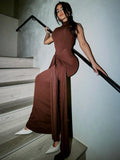 Half High Collar Irregular Tank Dress for New Sleeveless Bodycon Ruched Long Dress