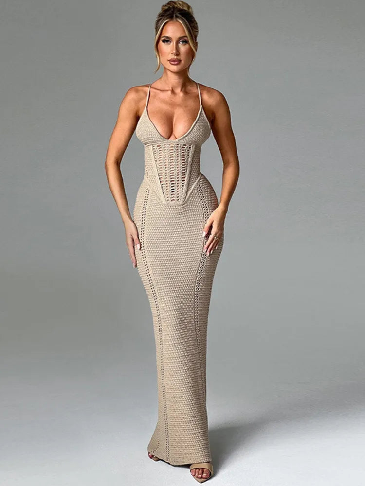 Hollow Out Backless Knit Dress for Spaghetti Strap Bandage Sleeveless Bodycon Club Party Long Dress