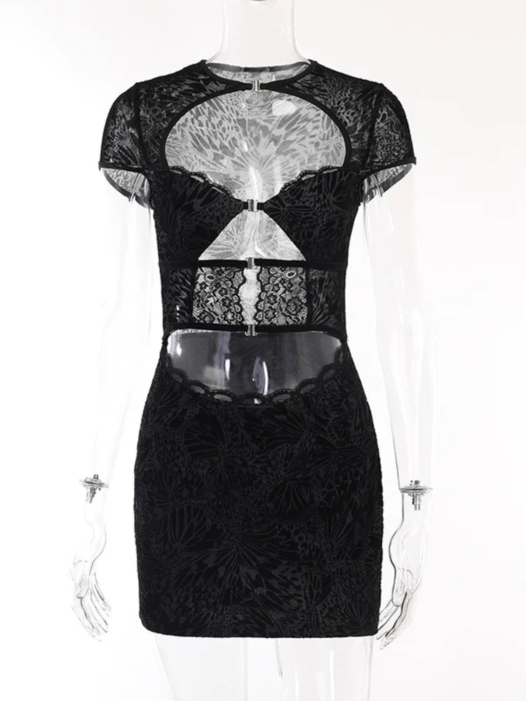 Lace Hollow Out Print Mini Dress for Robe Autumn New Black Strapless Short Sleeve Skinny Club Dress