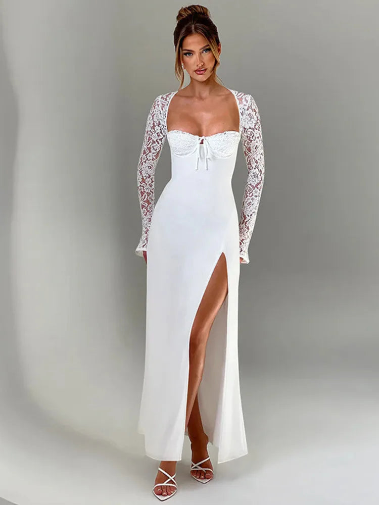 Lace Long Sleeve Maxi Dress Autumn New Square Collar Backless Lace-up High Split Club Party Long Dress