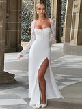 Lace Long Sleeve Maxi Dress Autumn New Square Collar Backless Lace-up High Split Club Party Long Dress