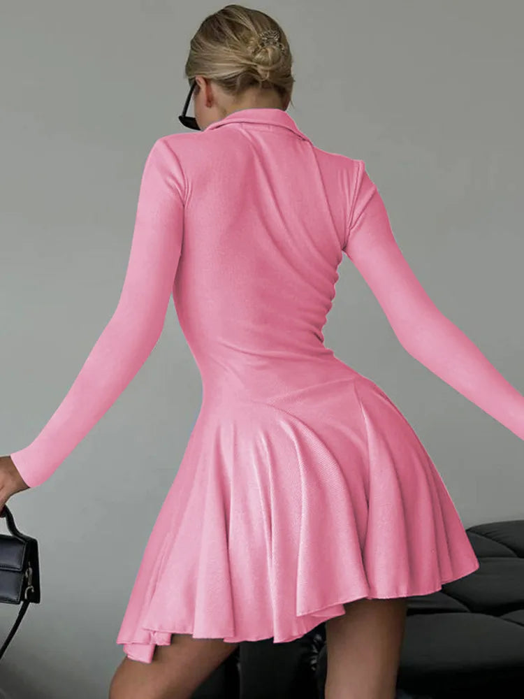 Long Sleeve Pleated Knit Mini Dress for Robe Autumn Winter New Lapel High Waist Knitted Sweater Dress