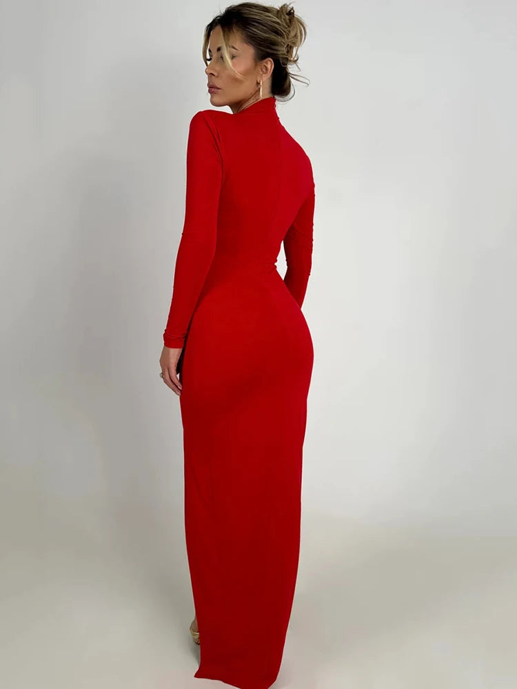 Mesh Patchwork Maxi Dress Hollow Out O Neck Long Sleeve Thigh High Split Bodycon Long Dress Femme