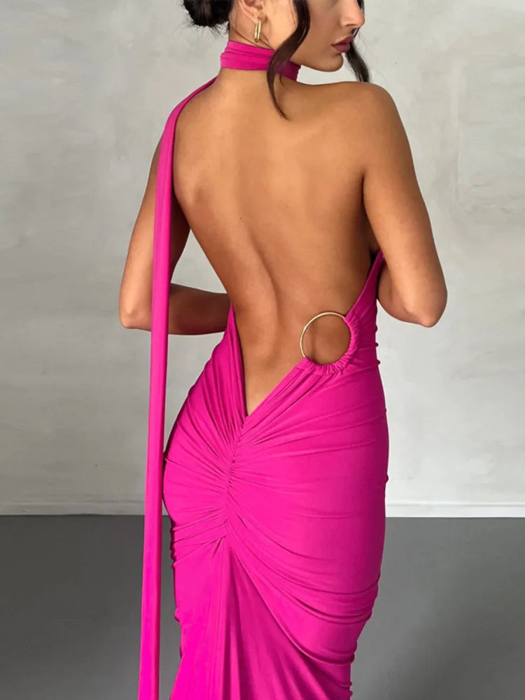 Oblique Shoulder Backless Maxi Dress for Gown Summer Back Strap Sleeveless Ruched Party Long Dress Vestidos