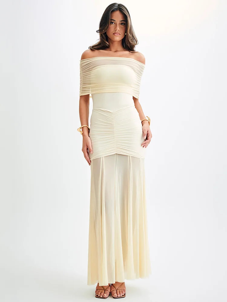 Off-shoulder Backless Maxi Dress for Gown Mesh Strapless Sleeveless Bodycon Long Dress