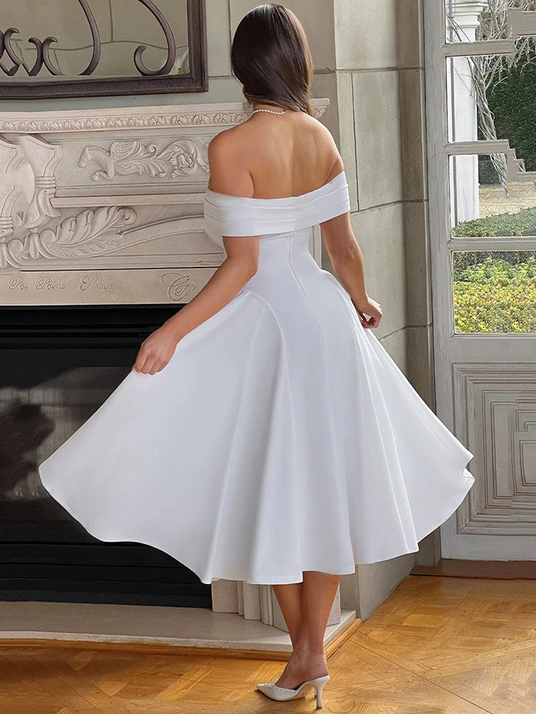 Off-shoulder Backless Midi Dress for Strapless Sleeveless A-line Loose Pleated Long Dress