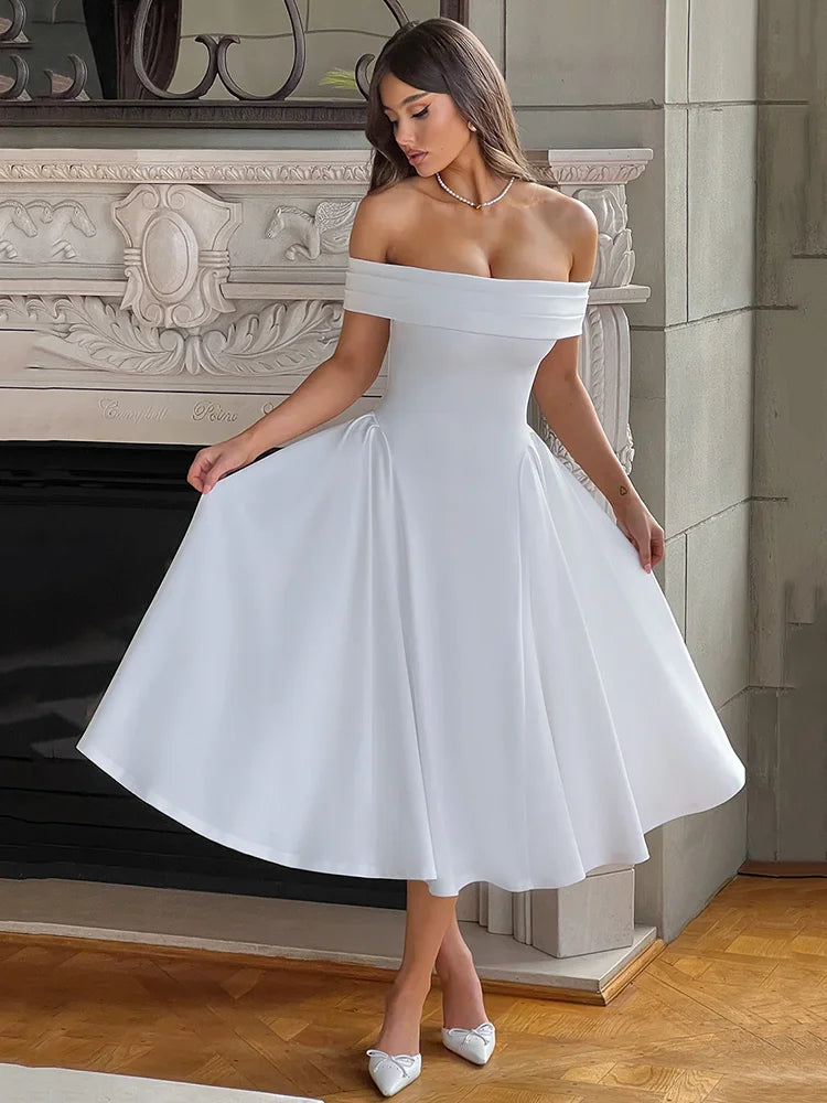 Off-shoulder Backless Midi Dress for Strapless Sleeveless A-line Loose Pleated Long Dress