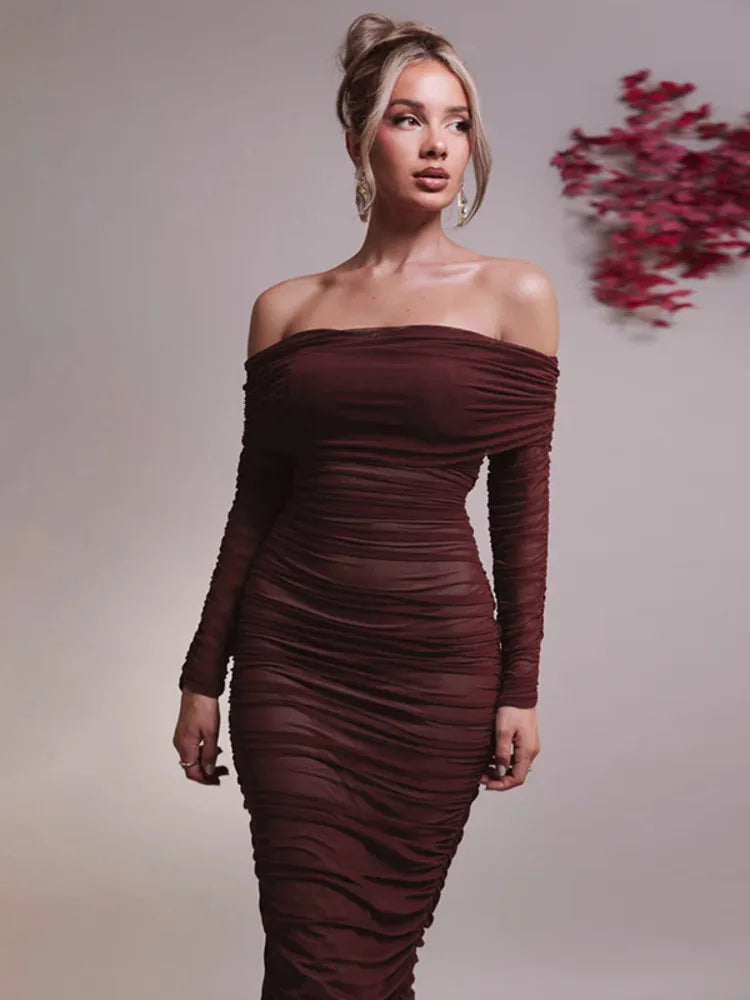 Off-shoulder Long Sleeve Maxi Dress for Autumn New Strapless Backless Bodycon Ruched Party Long Dress