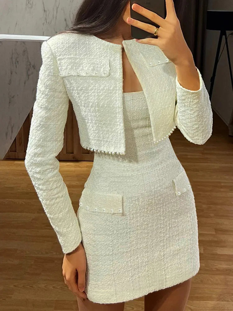 Pearl Dress Sets Autumn Long Sleeve Coat and Mini Dress Two Piece Sets Femme Strapless Dress Matching Sets