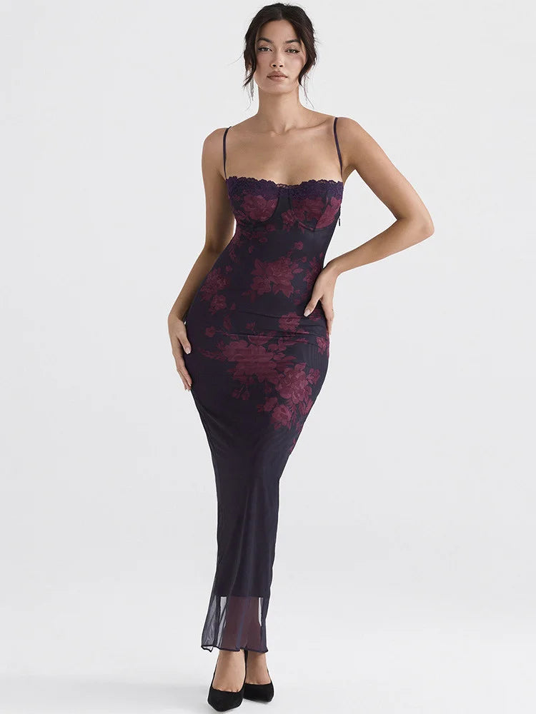 Purple Print Long Fishtail Dress for Robe New Spaghetti Strap Sleeveless Backless Ruched Maxi Dress Vestidos