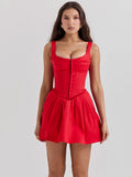 Red Sleeveless Mini Dress Square Collar Backless Corset Dress Femme A-line Club Party Dress