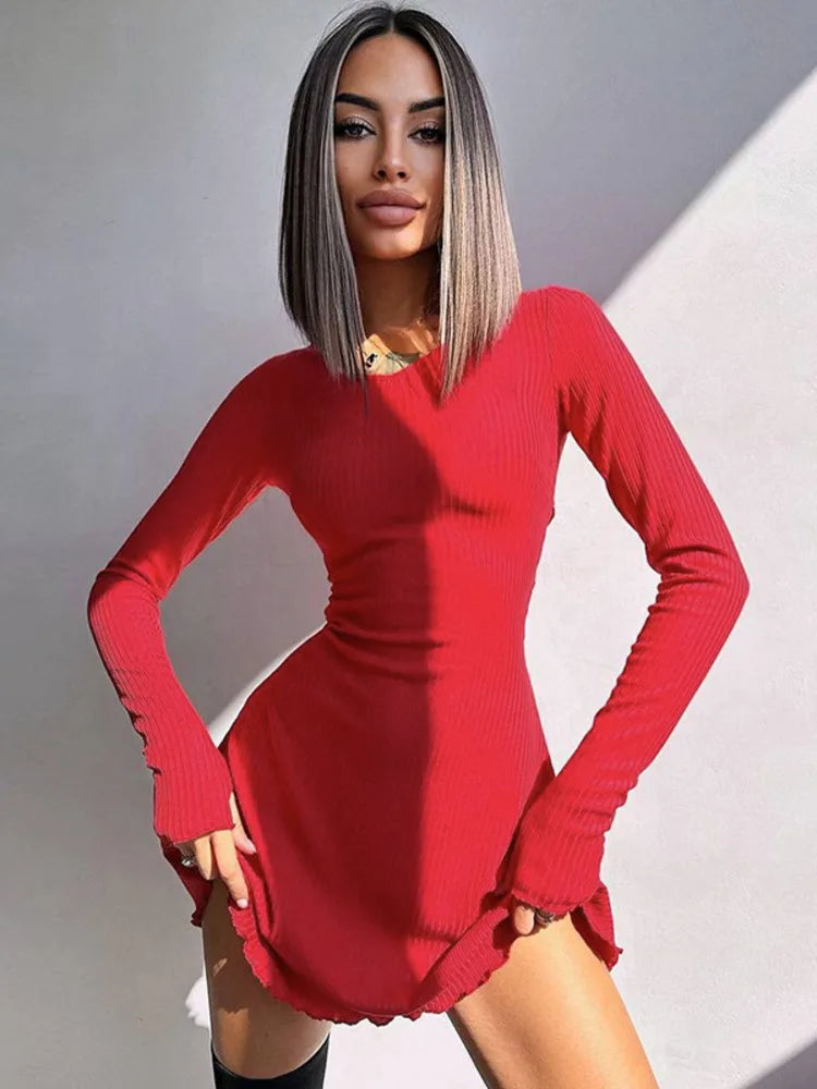 Ribbed Long Sleeve Mini Dress for Autumn Winter New O Neck Bandage Lace-up Dress Vestidos