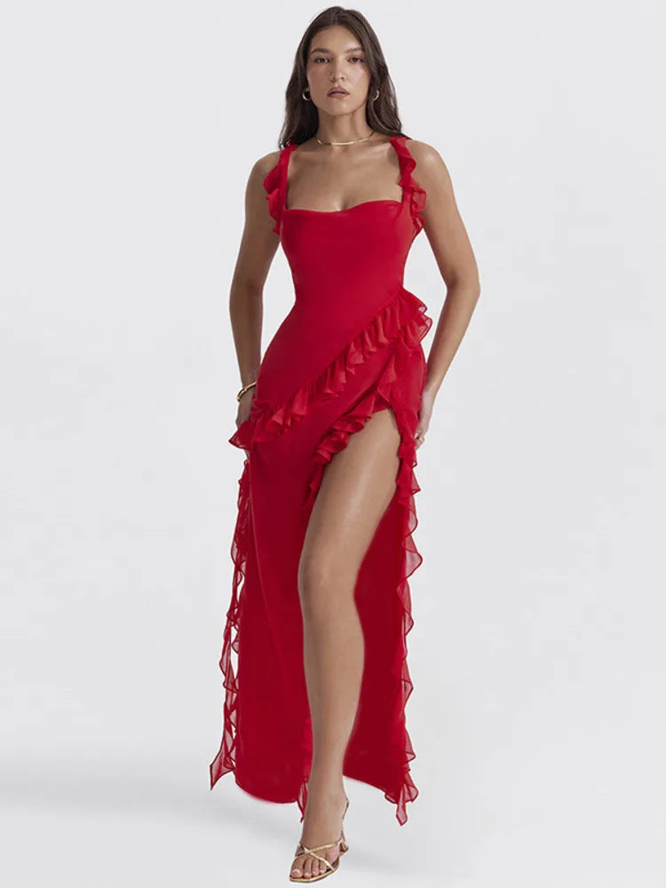 Ruffle Thigh High Split Midi Dress for Robe Spaghetti Strap Sleeveless Backless Bodycon Slipdress Vestidos