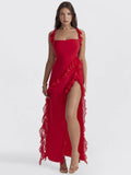 Ruffle Thigh High Split Midi Dress for Robe Spaghetti Strap Sleeveless Backless Bodycon Slipdress Vestidos