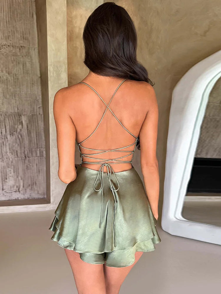 Satin Spaghetti Strap Mini Dress for Robe New Sleeveless Backless Lace-up Short Dress Female Party Vestidos