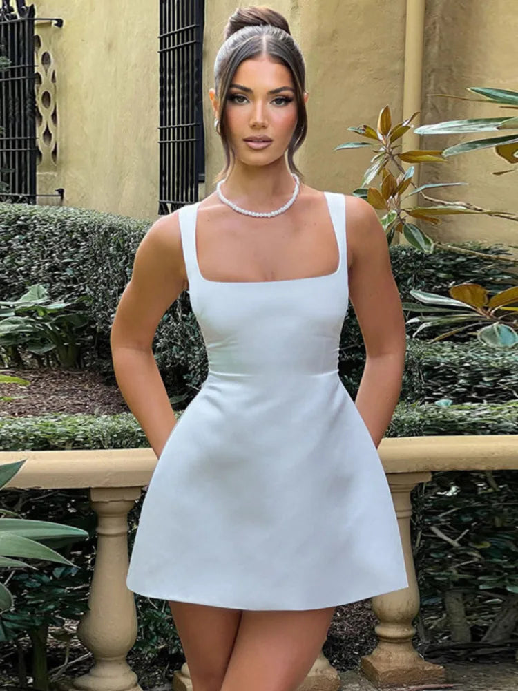 Satin Square Collar Backless Mini Dress for Color Sleeveless A-line Bodycon Club Party Dress