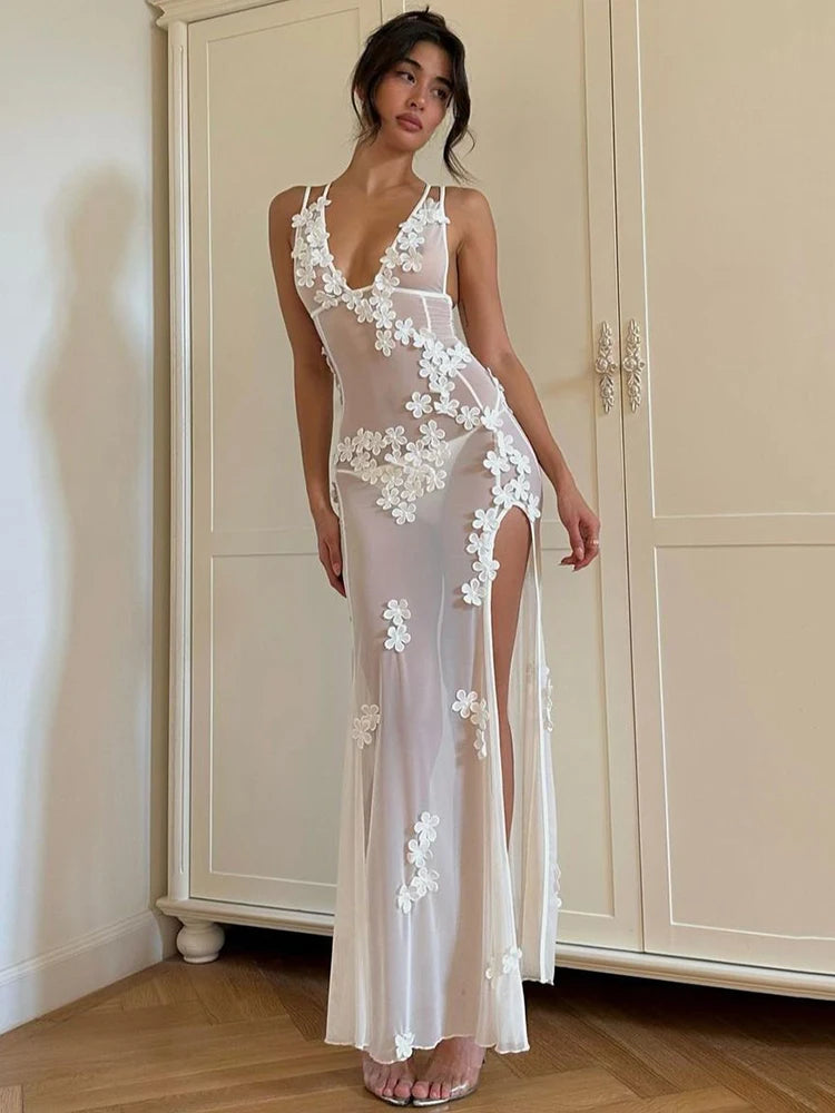 Sheer Mesh Long Dress for Spaghetti Strap Deep V Neck Sleeveless Backless High Split Maxi Dress