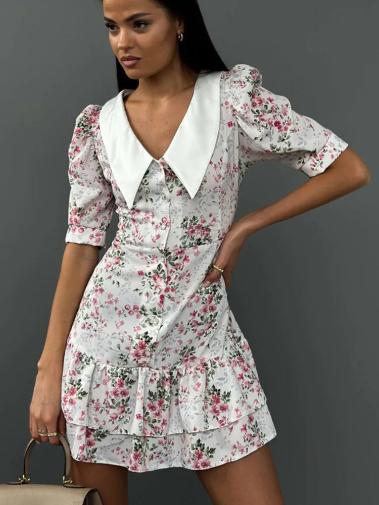 Short Sleeve Mini Dress for Robe Turn-down Collar French Dress High Waist Dresses