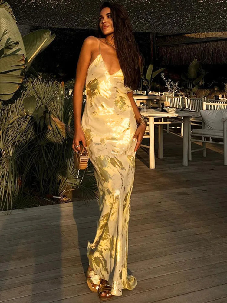 Spaghetti Strap Backless Bodycon Dress V Neck Backless Slipdress Club Party Long Dress