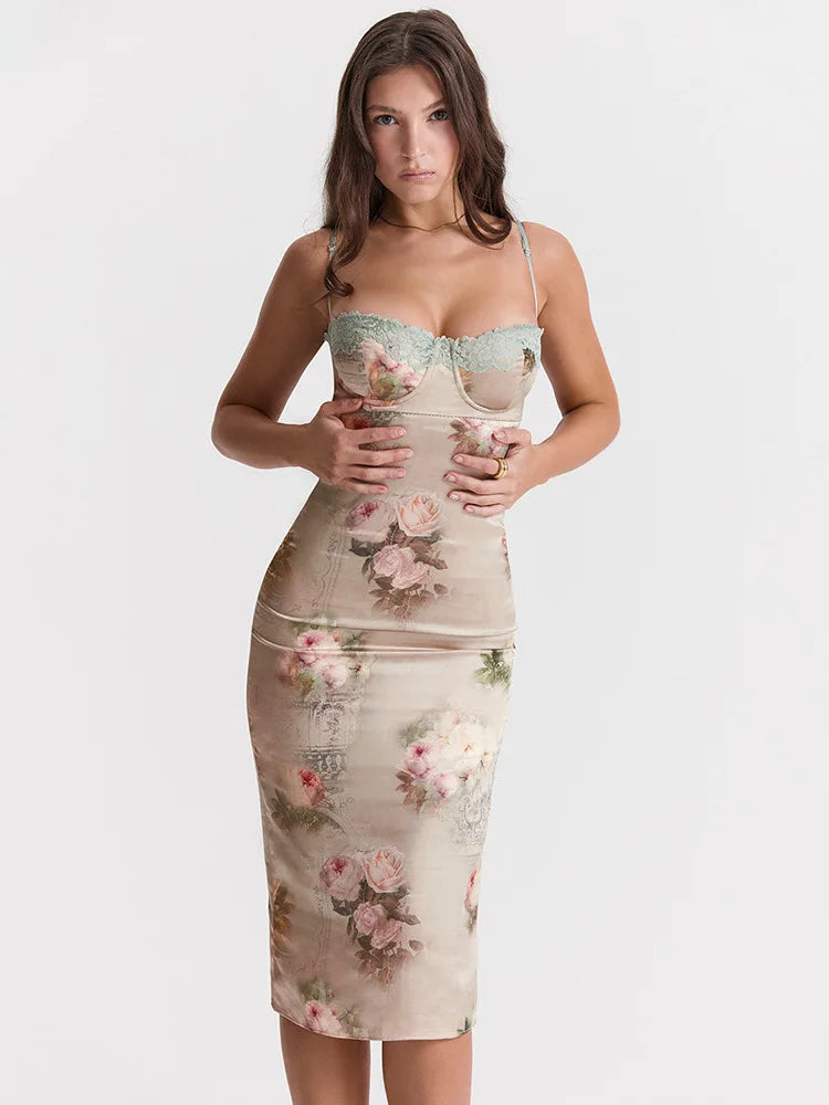 Spaghetti Strap Lace Print Midi Dress for Robe Strapless Backless High Waist Bodycon Club Party Long Dress