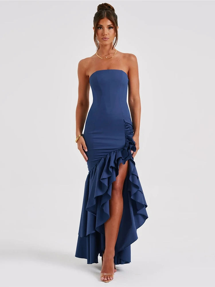 Strapless High Split Ruffle Long Dress for Off-shoulder Backless Sleeveless Bodycon Club Party Dress
