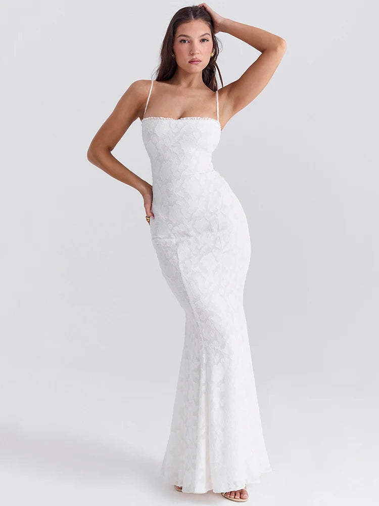 White Backless Lace-up Maxi Dress for Gown Summer New Spaghetti Strap Sleeveless Bodycon Party Long Dress