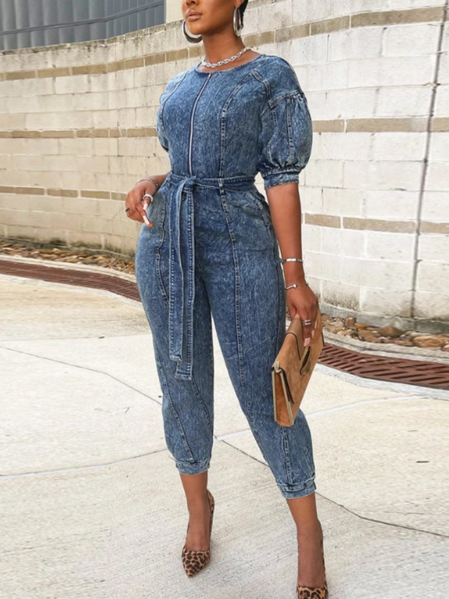 Zipper Bandage Design Denim Jumpsuit At9058