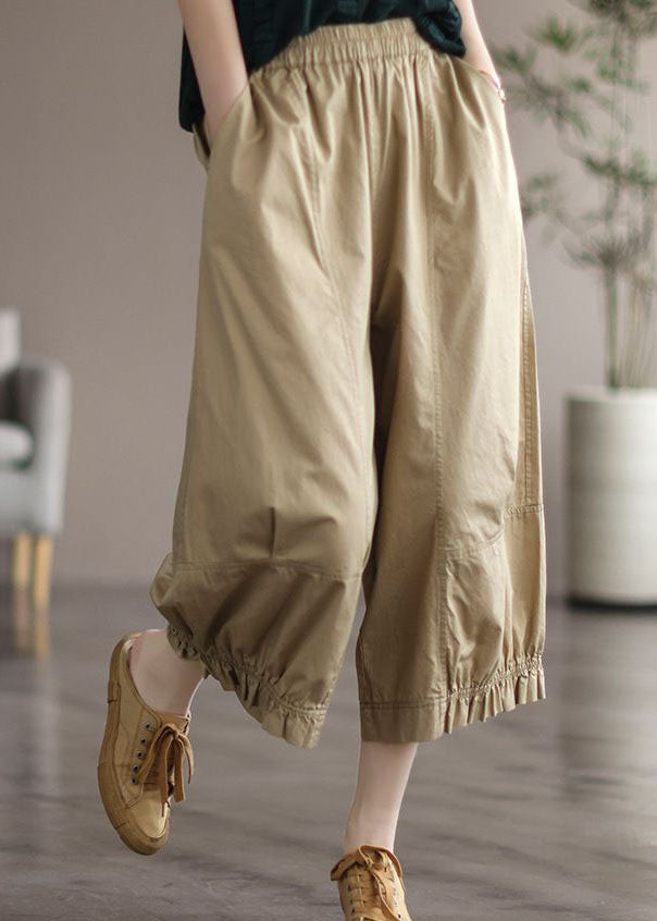 Natural Apricot Pockets Wrinkled Patchwork Cotton Crop Pants Summer Ly0580