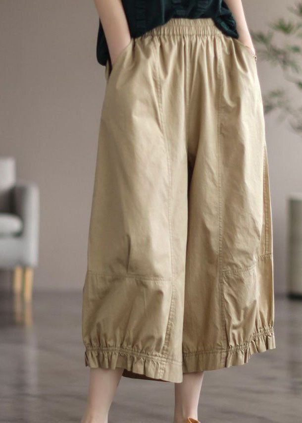 Natural Apricot Pockets Wrinkled Patchwork Cotton Crop Pants Summer Ly0580
