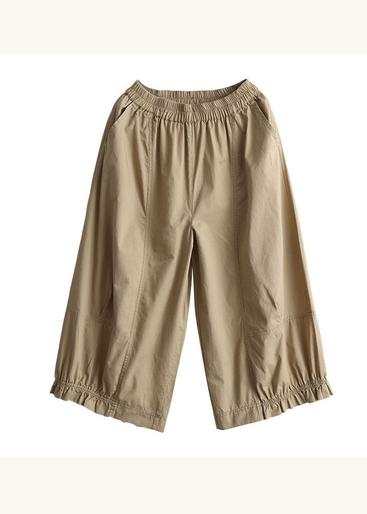 Natural Apricot Pockets Wrinkled Patchwork Cotton Crop Pants Summer Ly0580