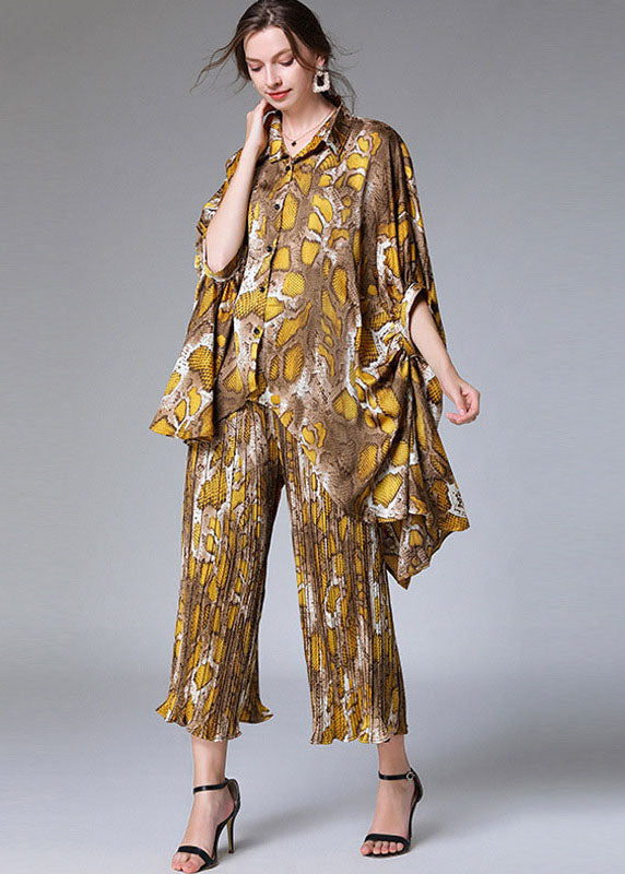 Natural Colorblock Peter Pan Collar Print Tops and Pants Chiffon Two Pieces Set Summer Ly0024