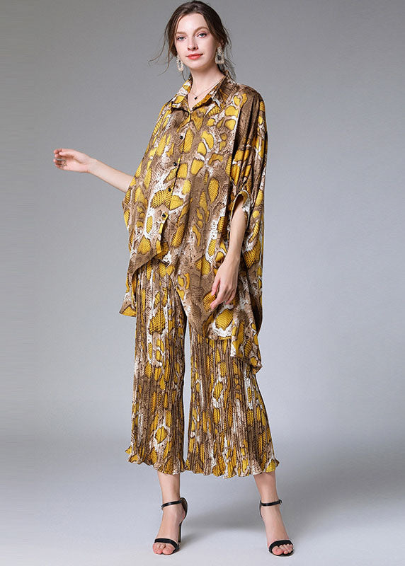 Natural Colorblock Peter Pan Collar Print Tops and Pants Chiffon Two Pieces Set Summer Ly0024