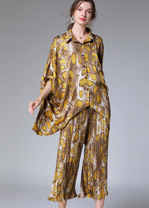 Natural Colorblock Peter Pan Collar Print Tops and Pants Chiffon Two Pieces Set Summer Ly0024