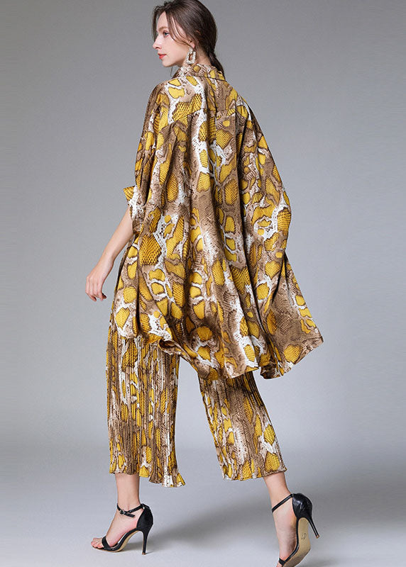 Natural Colorblock Peter Pan Collar Print Tops and Pants Chiffon Two Pieces Set Summer Ly0024