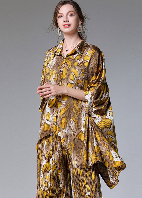 Natural Colorblock Peter Pan Collar Print Tops and Pants Chiffon Two Pieces Set Summer Ly0024