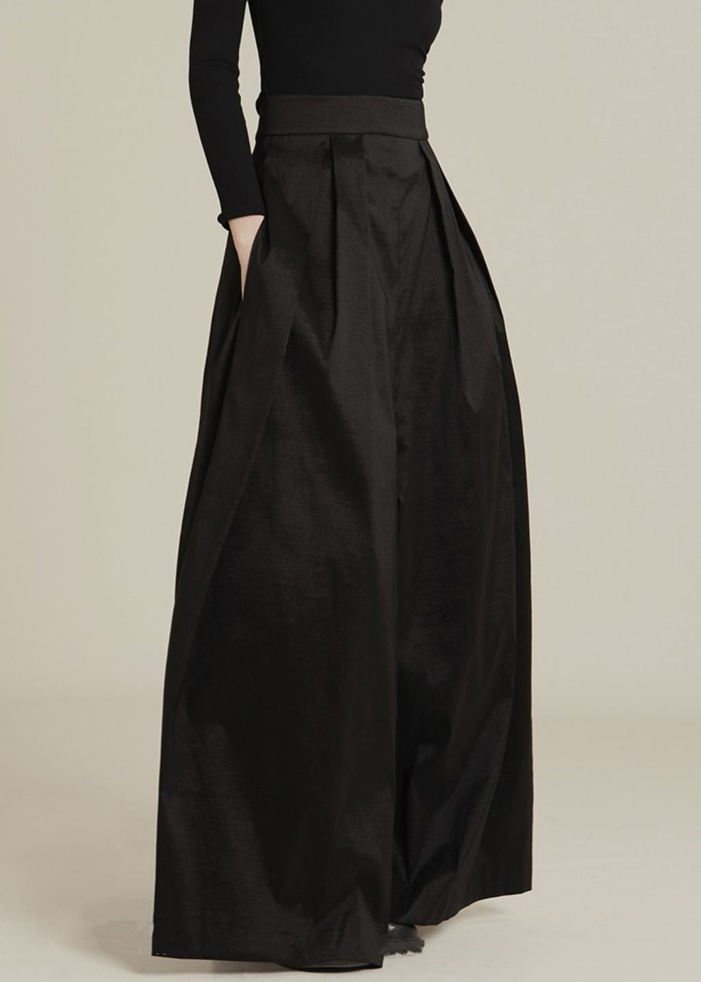 New Black Pockets High Waist Cotton Wide Leg Pants Spring Ab1046