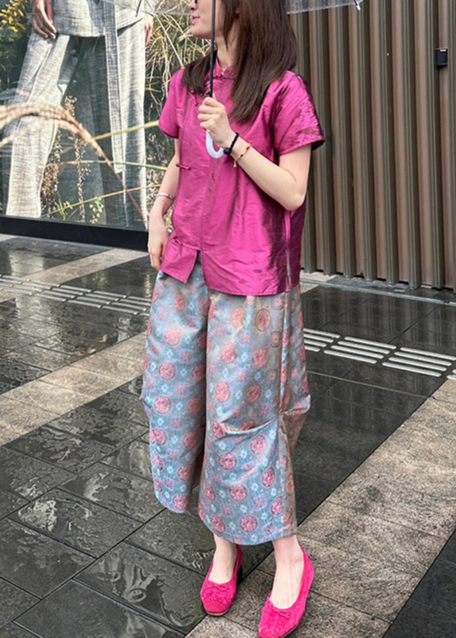 New Blue Button Shirt and Crop Pants Two-piece Set Summer Qt031