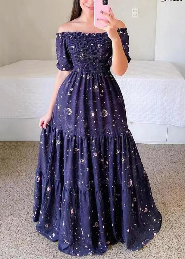 New Blue Ruffled Print Cotton Long Dress Summer Ww1061